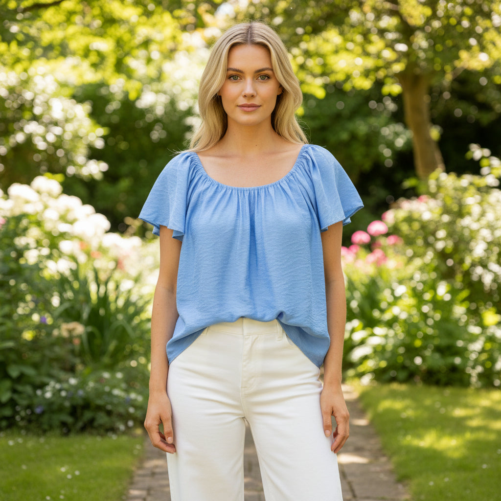 Kylie Criss Cross Back Blue Bardot Style Top - Sugarplum Boutique
