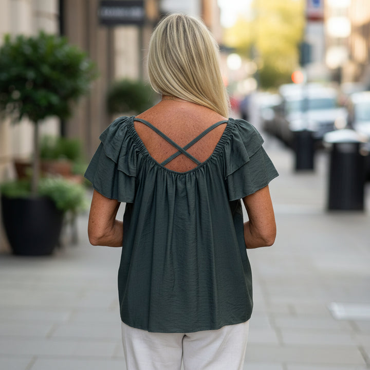 Kylie Criss Cross Back Khaki Green Bardot Style Top - Sugarplum Boutique
