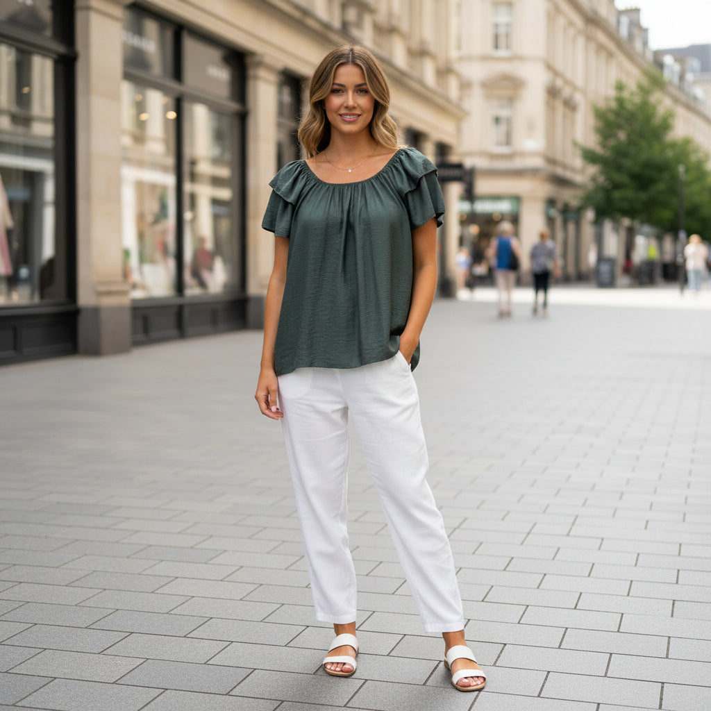 Kylie Criss Cross Back Khaki Green Bardot Style Top - Sugarplum Boutique