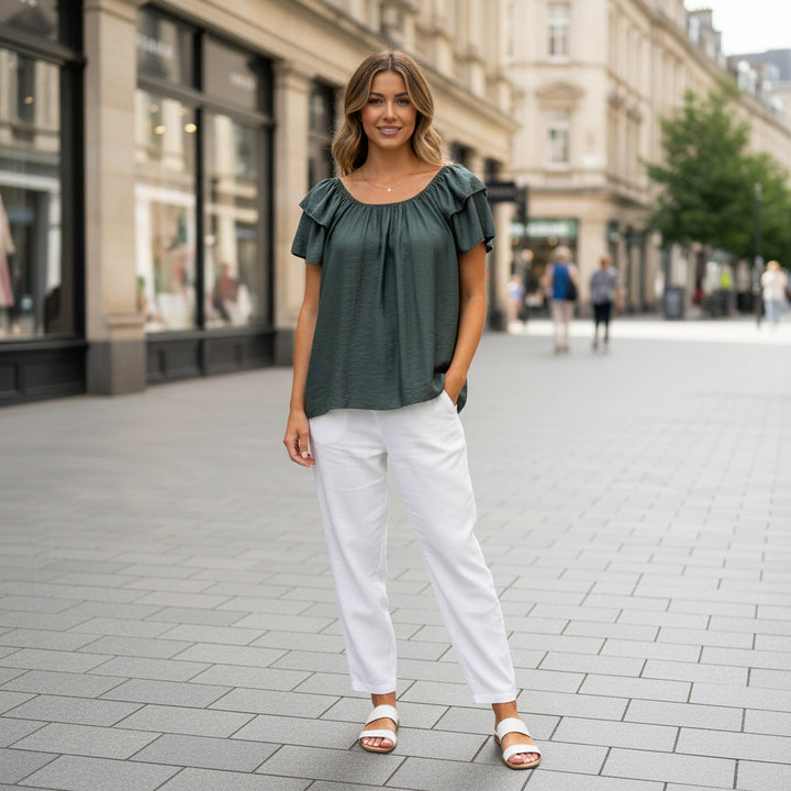 Kylie Criss Cross Back Khaki Green Bardot Style Top - Sugarplum Boutique