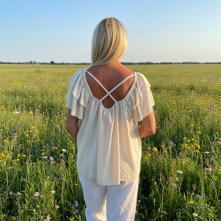 Kylie Criss Cross Back Stone Bardot Style Top - Sugarplum Boutique