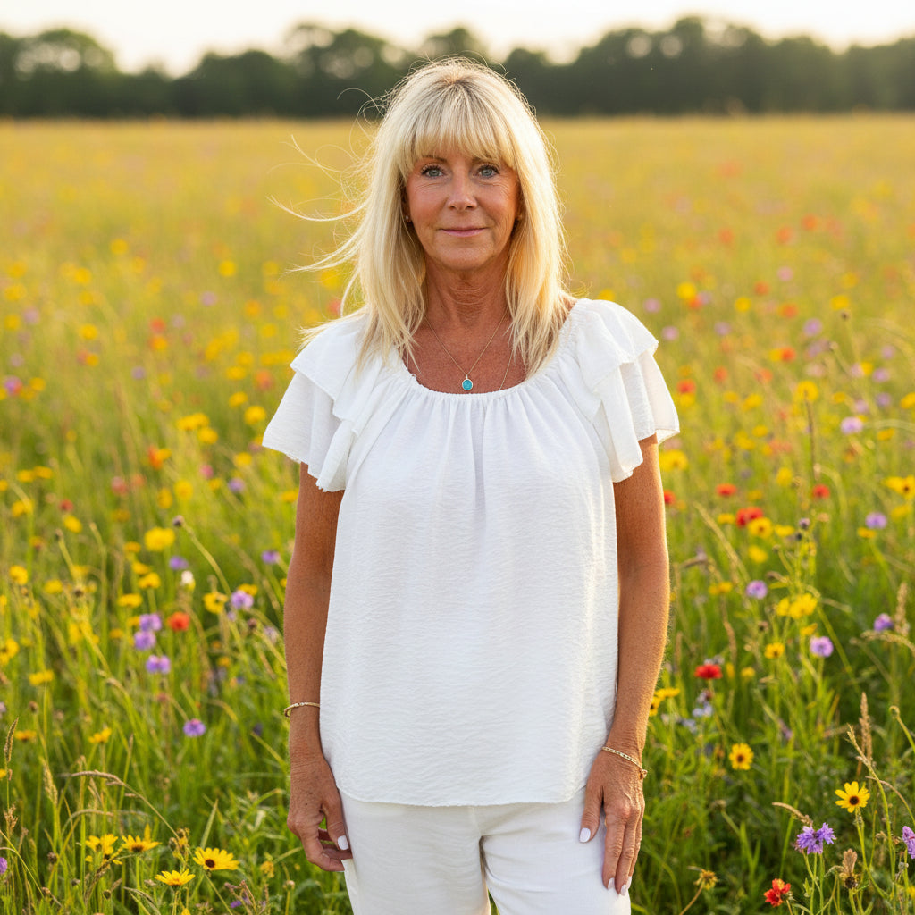 Kylie Criss Cross Back White Bardot Style Top - Sugarplum Boutique