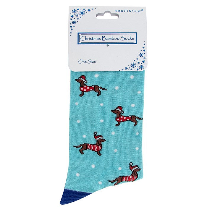 Ladies Festive Christmas Dog Luxury Bamboo Socks Blue - Sugarplum Boutique