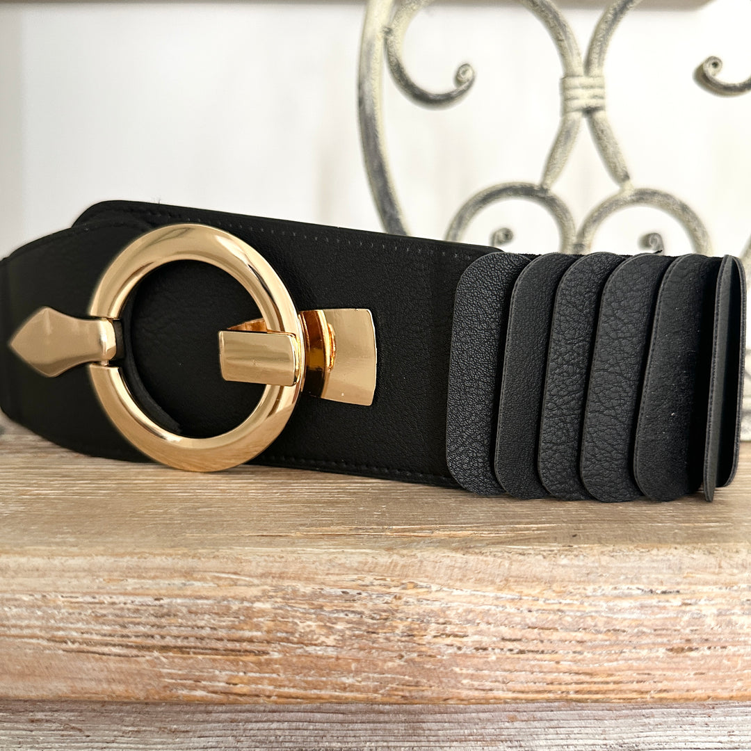Layered Look Stretch Gold Buckle Belt Black – Sugarplum Boutique