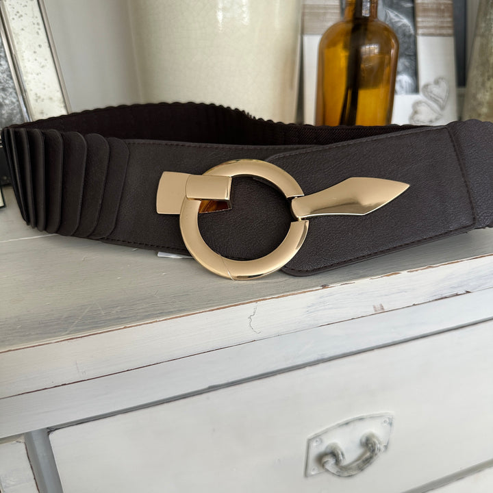 Layered Look Stretch Gold Buckle Belt Brown - Sugarplum Boutique