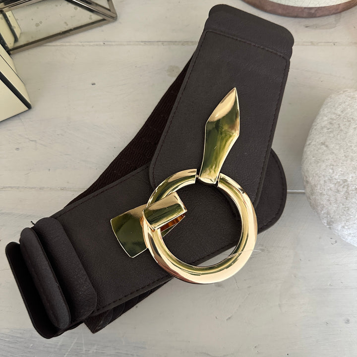 Layered Look Stretch Gold Buckle Belt Brown - Sugarplum Boutique