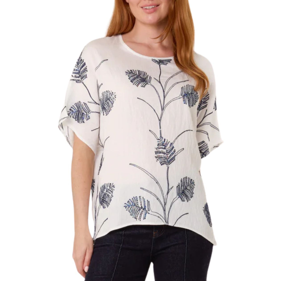 Leaf White Sequin Cotton Blend Embroidery Top - Sugarplum Boutique
