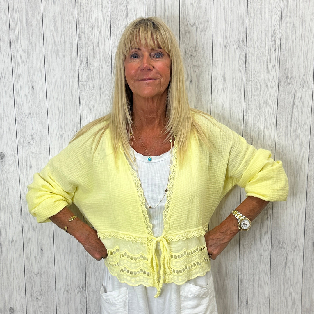 Lemon Long Sleeve Tie Front Crochet Top - Sugarplum Boutique