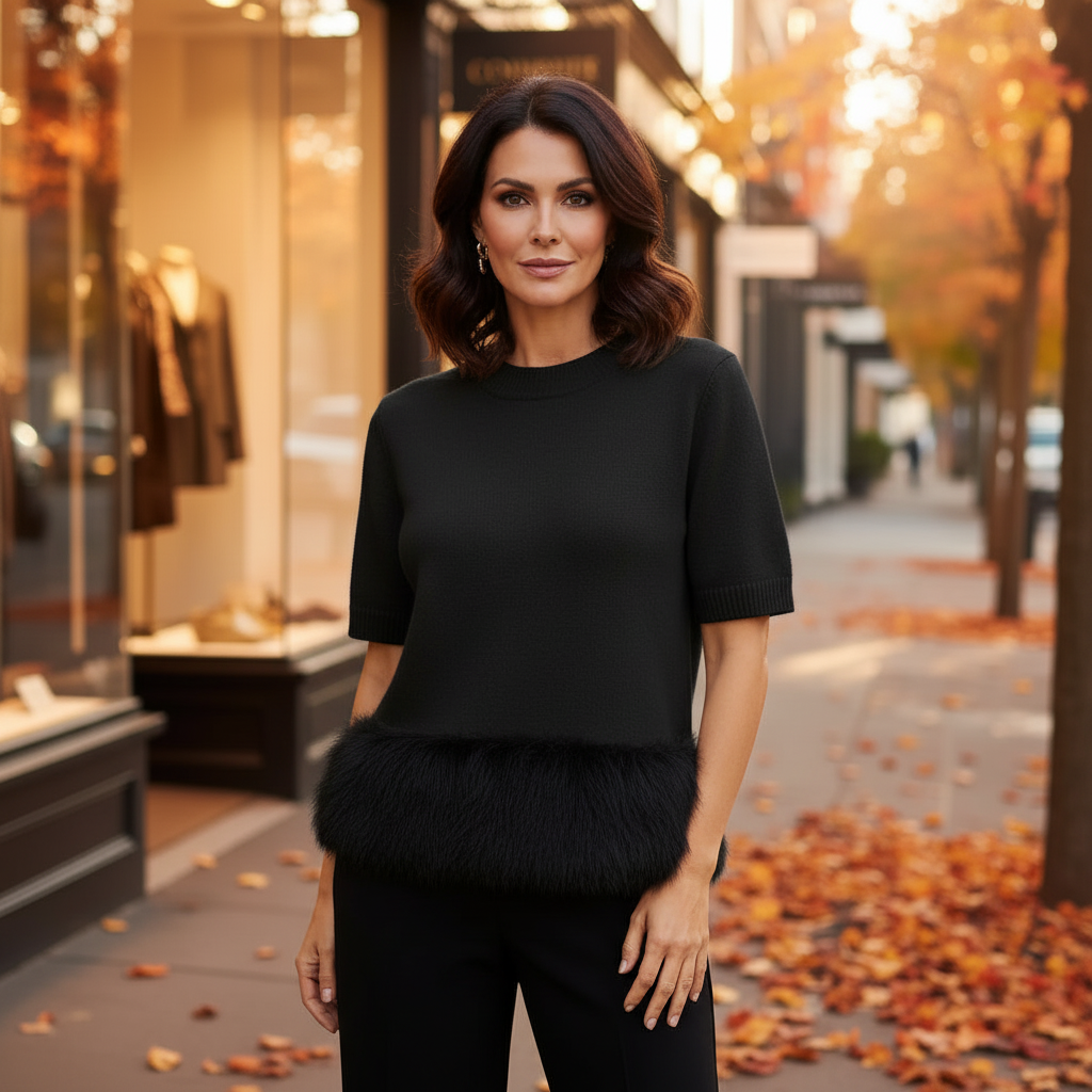 Lena Faux Fur Hem Black Short Sleeve Jumper - Sugarplum Boutique
