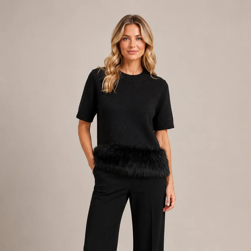 Lena Faux Fur Hem Black Short Sleeve Jumper - Sugarplum Boutique