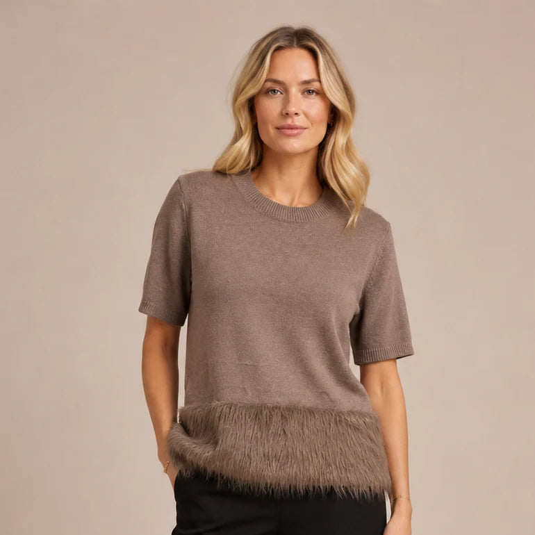 Lena Faux Fur Hem Mocha Brown Short Sleeve Jumper - Sugarplum Boutique