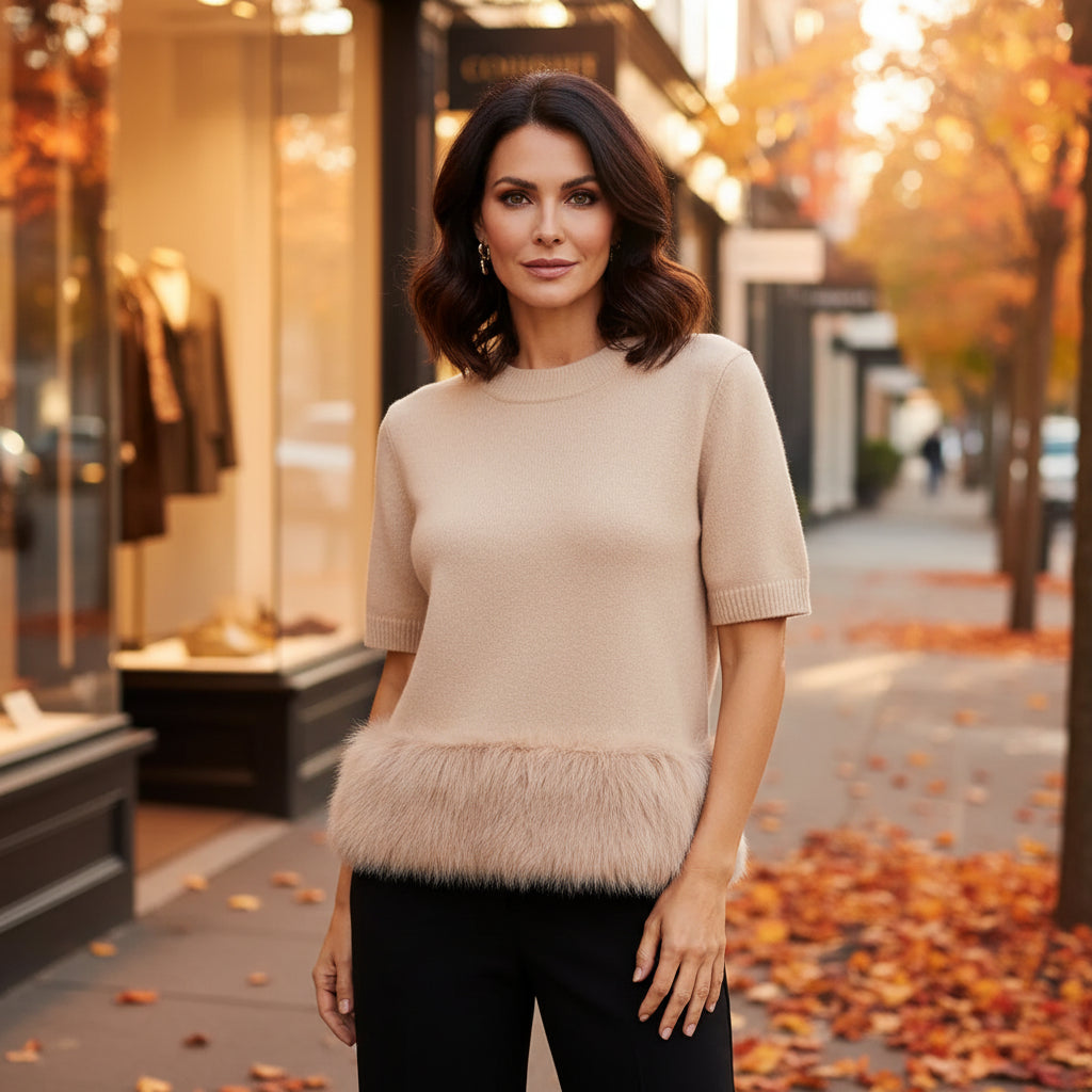 Lena Faux Fur Hem Stone Short Sleeve Jumper - Sugarplum Boutique