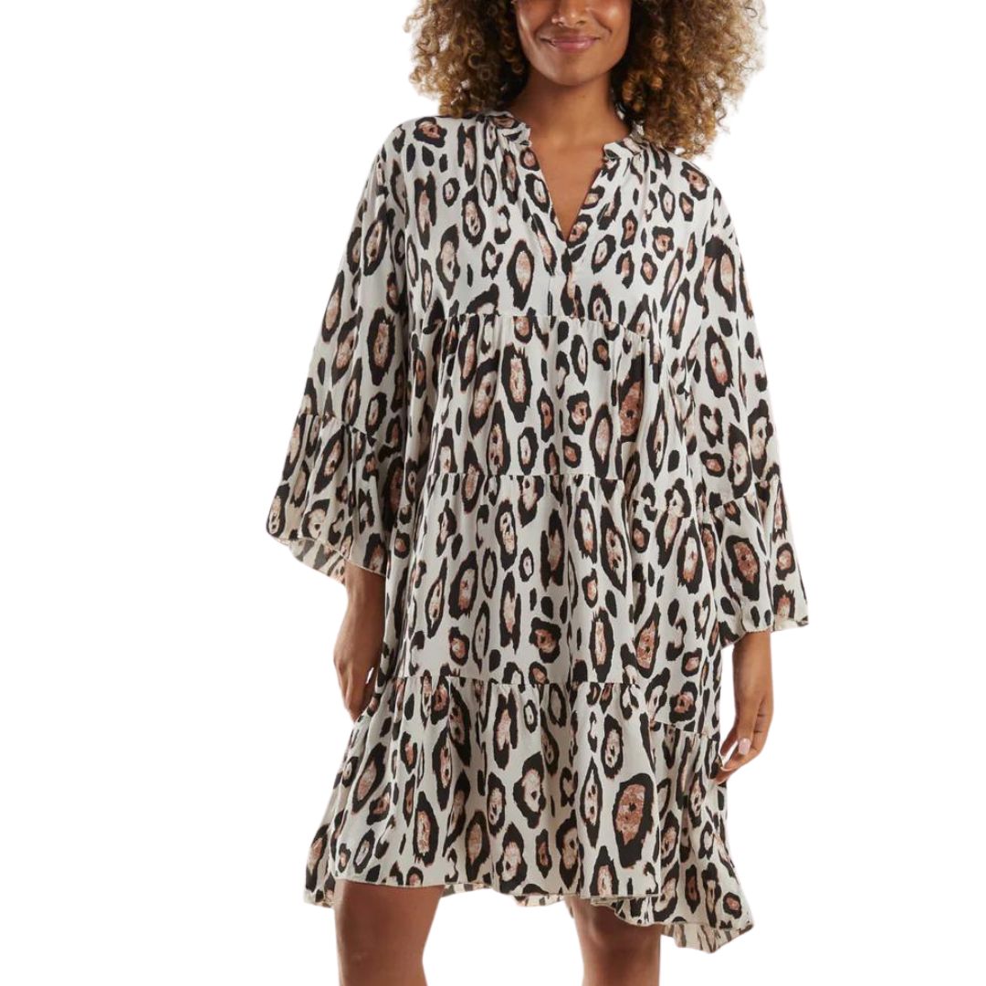 Lennon Large Leopard Print Tunic Dress Stone - Sugarplum Boutique