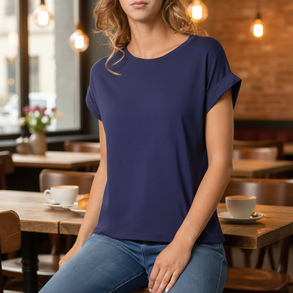Lennon Navy Blue Stretchy Round Neck Short Sleeve T-Shirt - Sugarplum Boutique