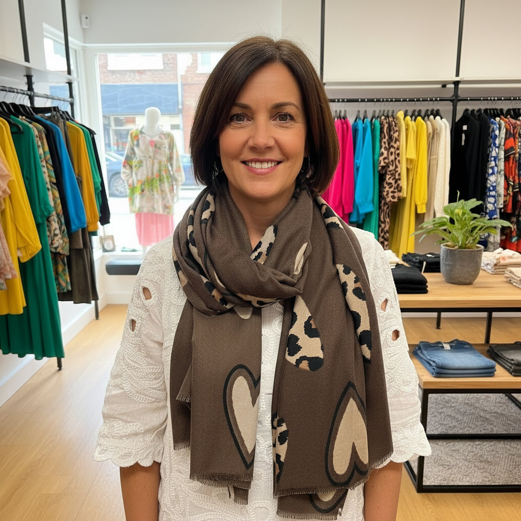 Leopard Print Heart Chocolate Brown Wool Blend Scarf - Sugarplum Boutique