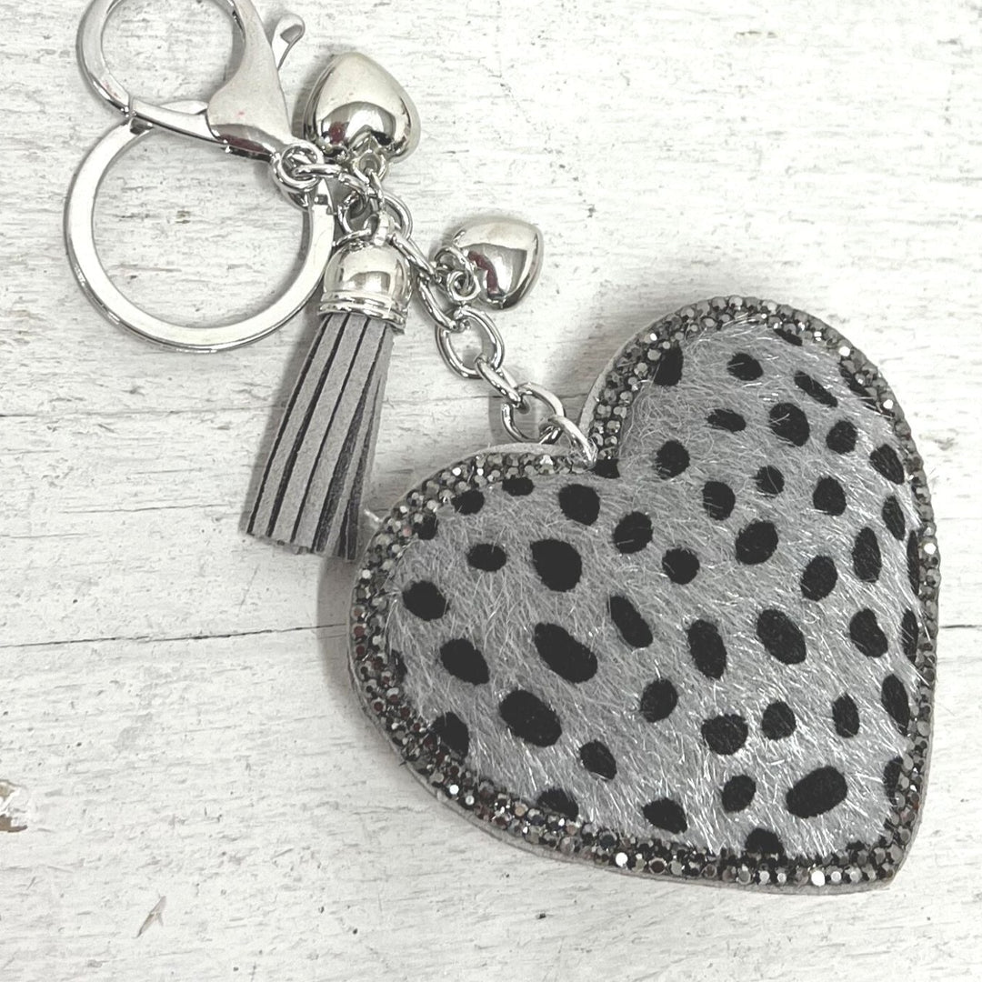 Leopard Print Heart Keyring Light Grey - Sugarplum Boutique