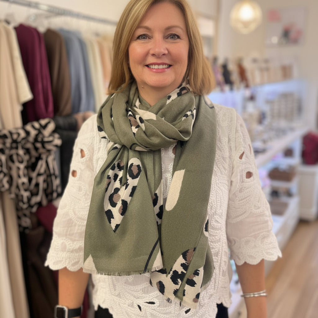 Leopard Print Heart Khaki Green Wool Blend Scarf - Sugarplum Boutique