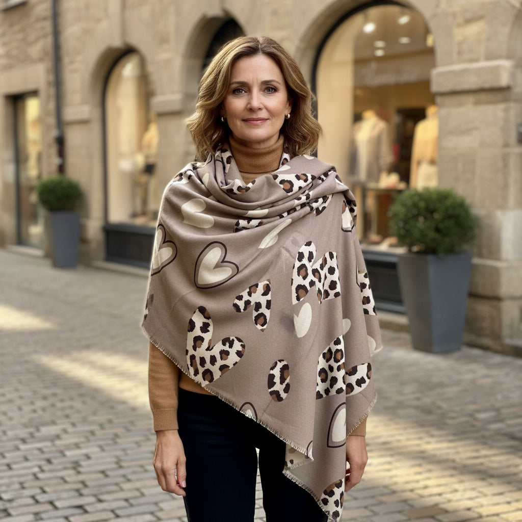 Leopard Print Heart Mocha Brown Wool Blend Scarf - Sugarplum Boutique