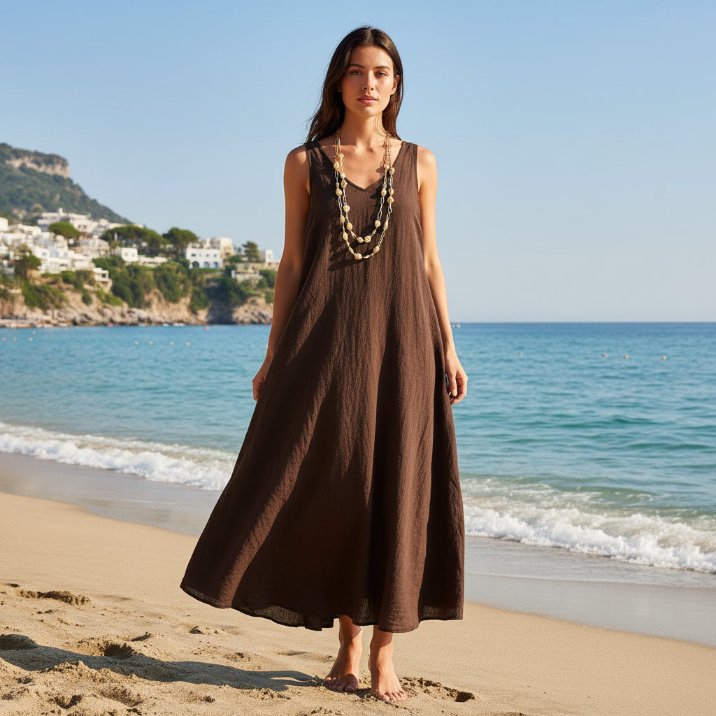 Leticia Cotton V Neck V Back Chocolate Brown Summer Midi Dress - Sugarplum Boutique