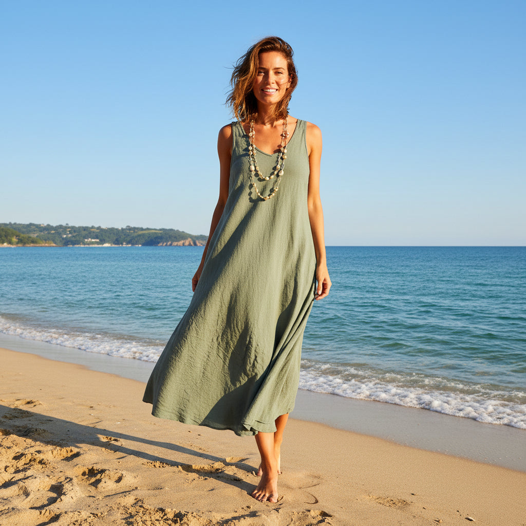 Leticia Cotton V Neck V Back Khaki Green Summer Midi Dress - Sugarplum Boutique