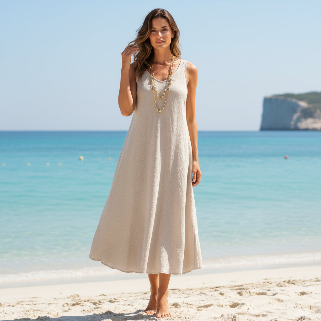 Leticia Cotton V Neck V Back Stone Summer Midi Dress - Sugarplum Boutique