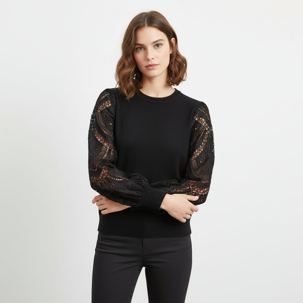 Leticia Lace Sleeve Black Soft Feel Jumper - Sugarplum Boutique