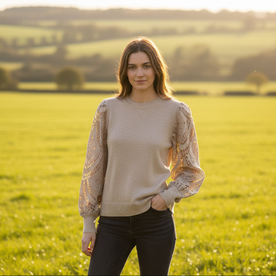 Leticia Lace Sleeve Stone Soft Feel Jumper - Sugarplum Boutique