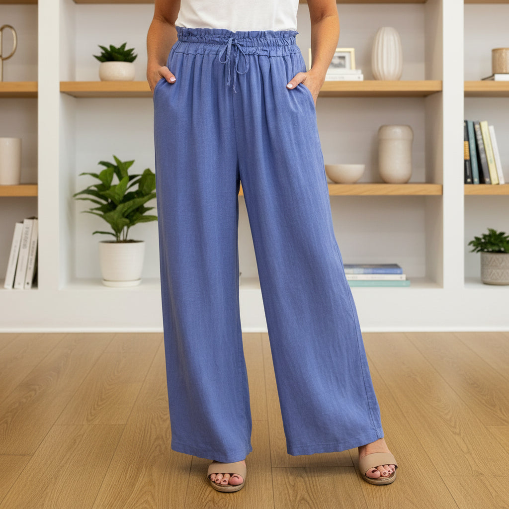 Lianne Linen Mix Denim Blue Wide Leg Trousers - Sugarplum Boutique