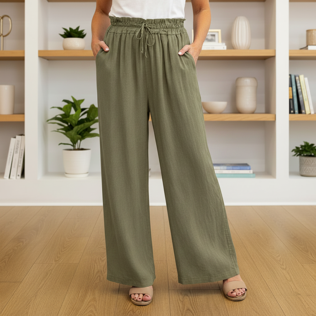 Lianne Linen Mix Khaki Green Wide Leg Trousers - Sugarplum Boutique 