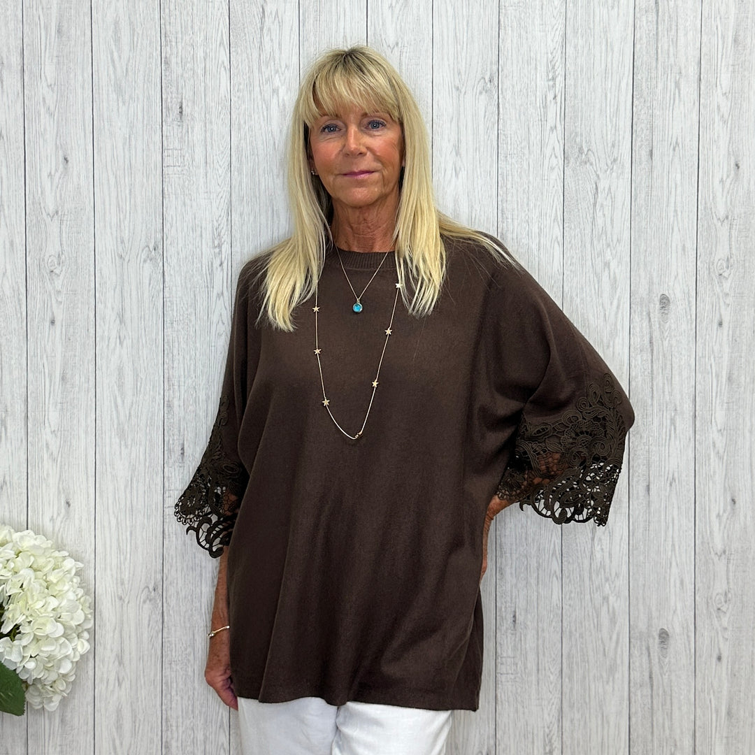 Liberty Crochet 3/4 Length Sleeve Jumper Chocolate Brown - Sugarplum Boutique