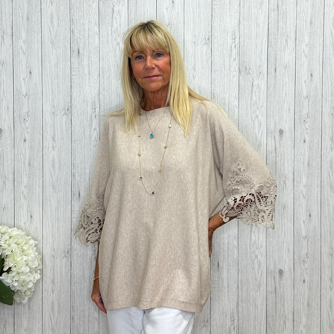 Liberty Crochet 3/4 Length Sleeve Jumper Stone - Sugarplum Boutique
