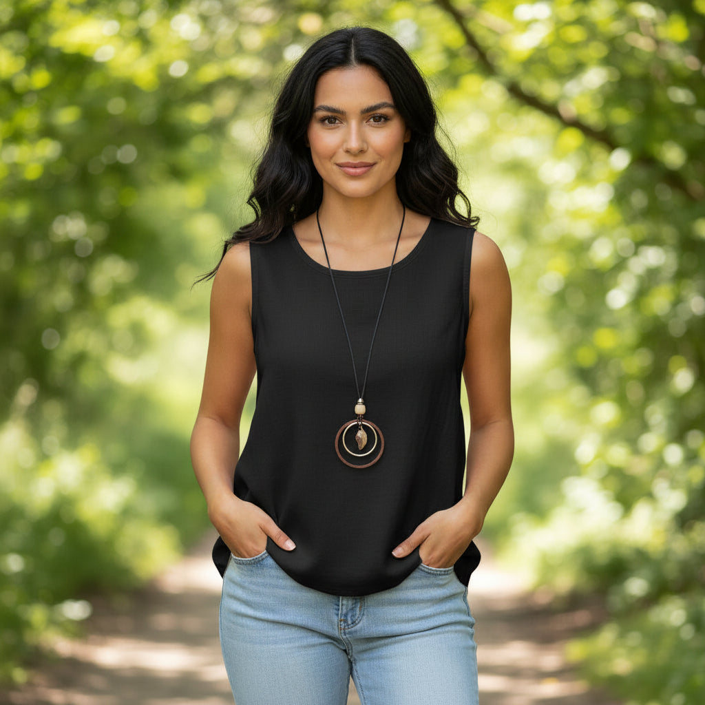 Lili Cotton Linen Mix Black Sleeveless Necklace Top - Sugarplum boutique