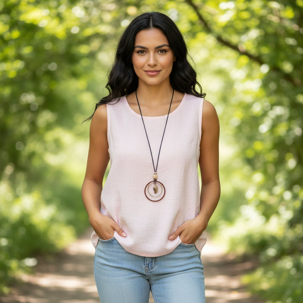 Lili Cotton Linen Mix Light Pink Sleeveless Necklace Top - Sugarplum boutique