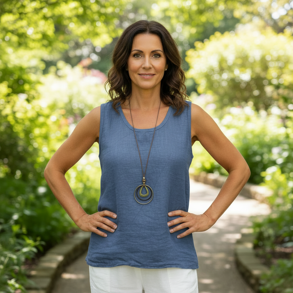 Lili Cotton Linen Mix Denim Blue Sleeveless Necklace Top - Sugarplum Boutique
