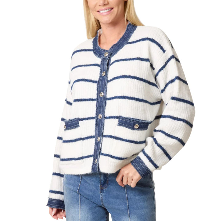 Lilia Navy Stripe Knit Denim Trim Cardigan - Sugarplum Boutique
