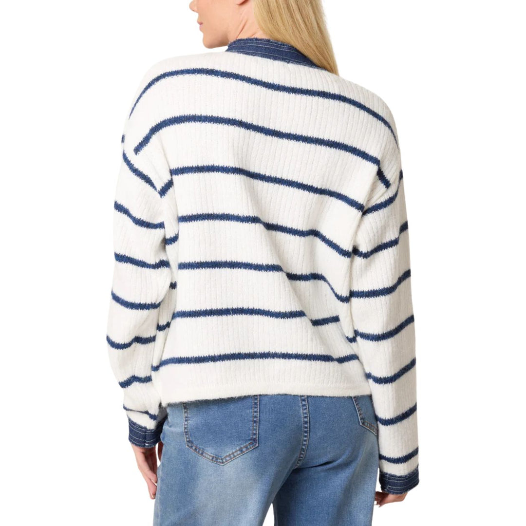 Lilia Navy Stripe Knit Denim Trim Cardigan - Sugarplum Boutique