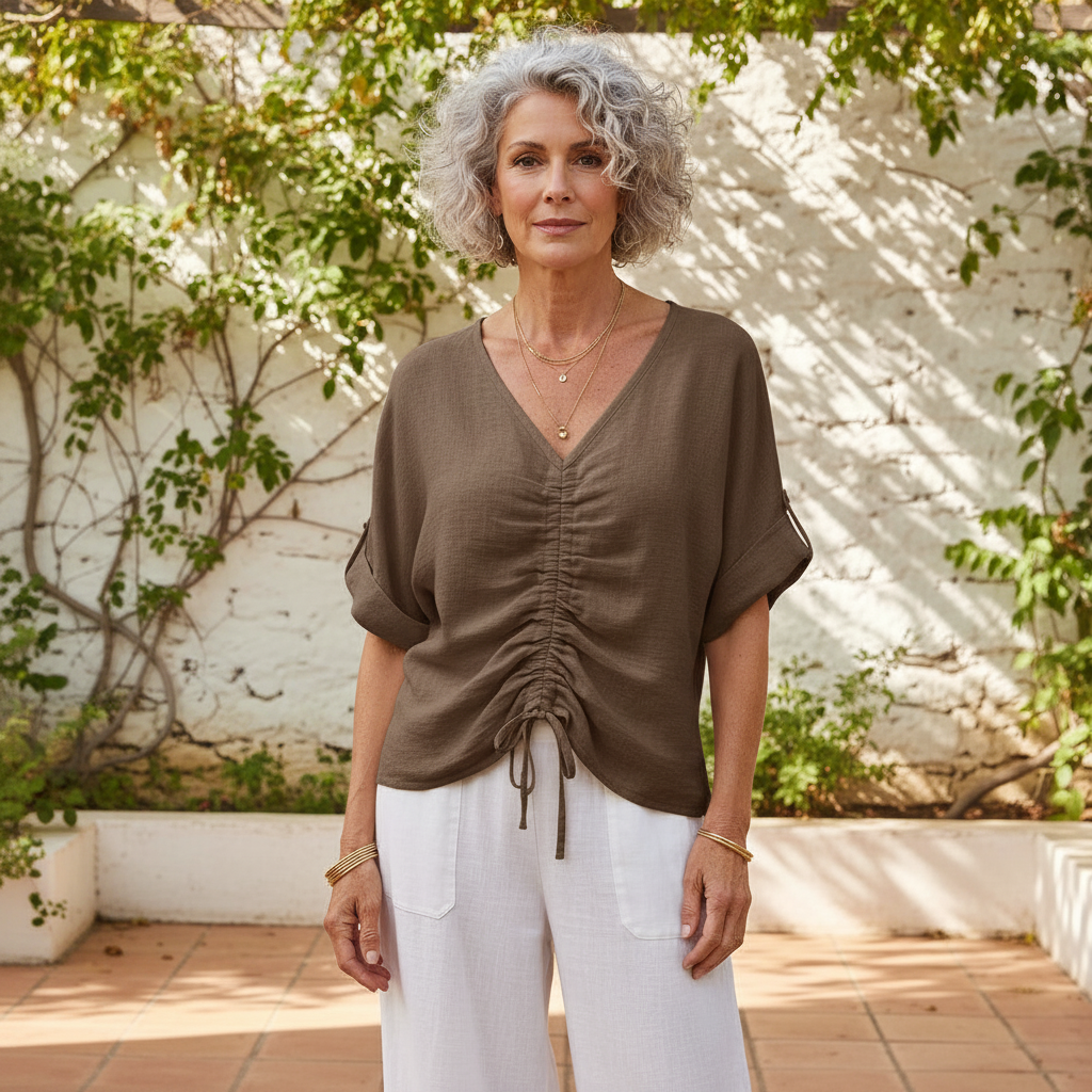 Lilibet Linen Cotton Mix Brown Ruched Front Top - Sugarplum Boutique 
