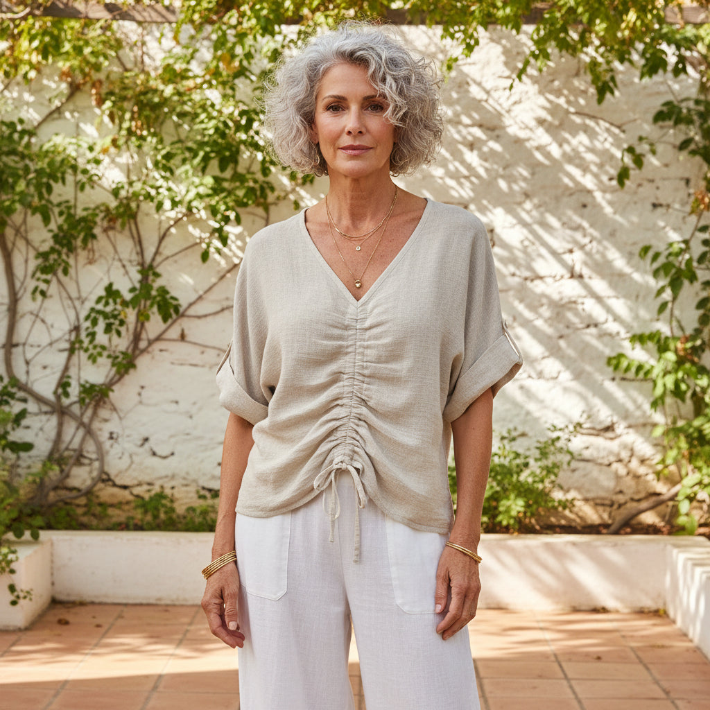 Lilibet Linen Cotton Mix Stone Ruched Front Top - Sugarplum Boutique