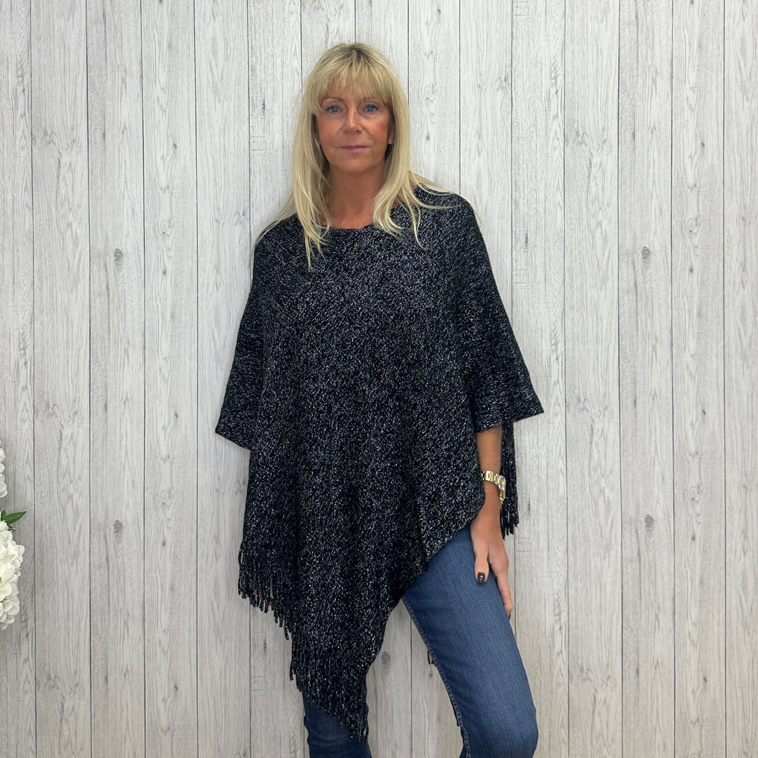 Lily Sparkle Super Soft Knit Tassel Poncho Black - Sugarplum Boutique