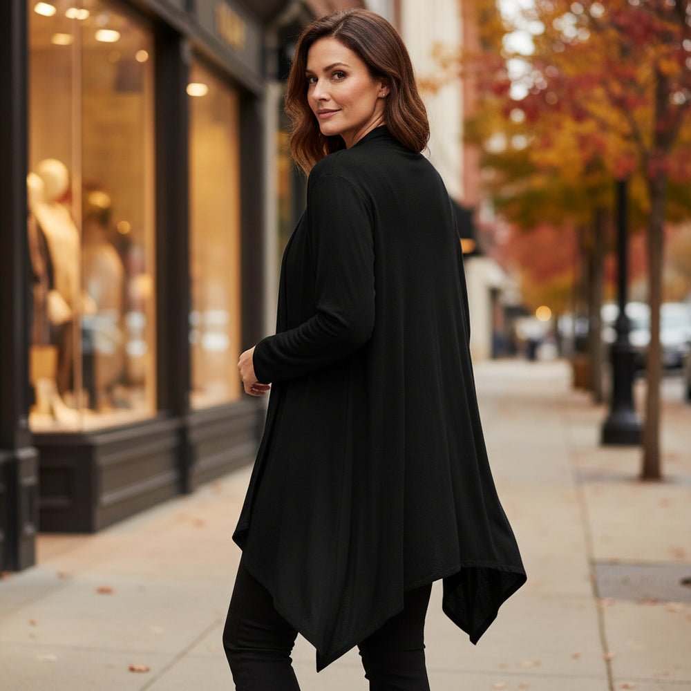 Lindsay Lightweight Black Edge To Edge Waterfall Cardigan - Sugarplum Boutique