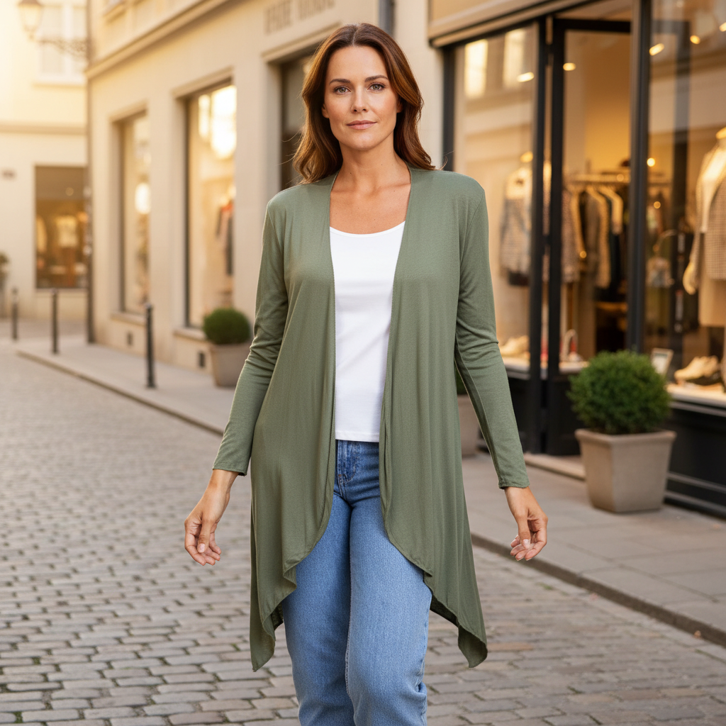 Lindsay Lightweight Khaki Green Edge To Edge Waterfall Cardigan - Sugarplum Boutique