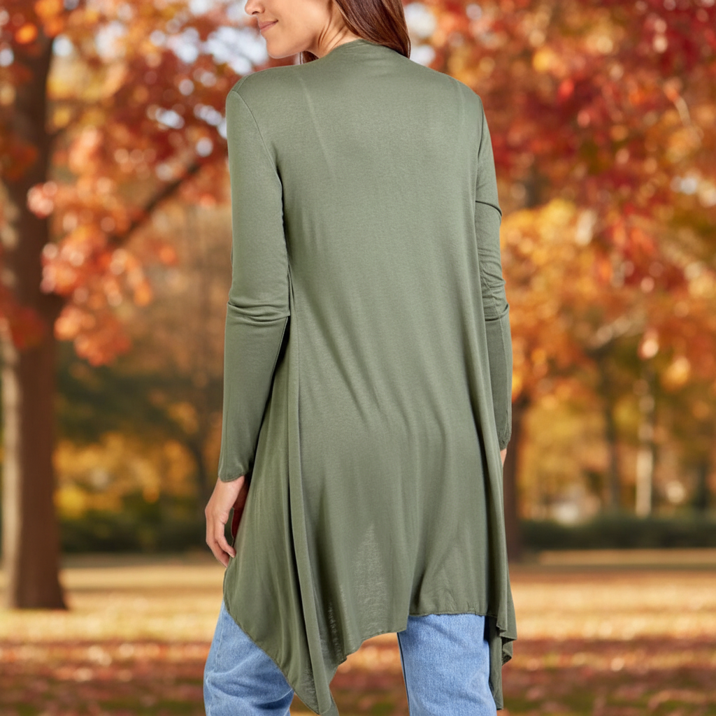 Lindsay Lightweight Khaki Green Edge To Edge Waterfall Cardigan - Sugarplum Boutique