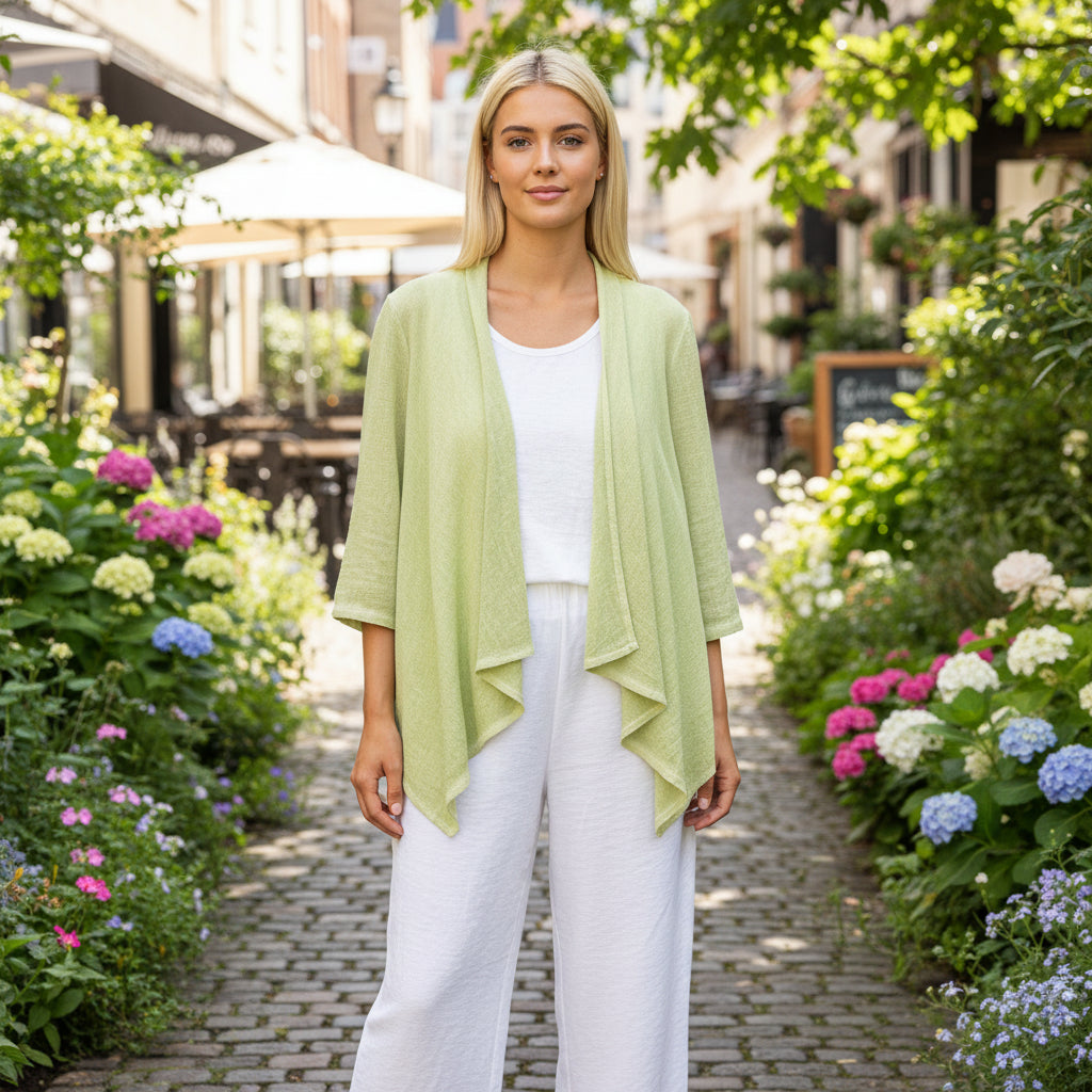 Linen Cotton Waterfall Edge To Edge Lime Green Jacket - Sugarplum Boutique
