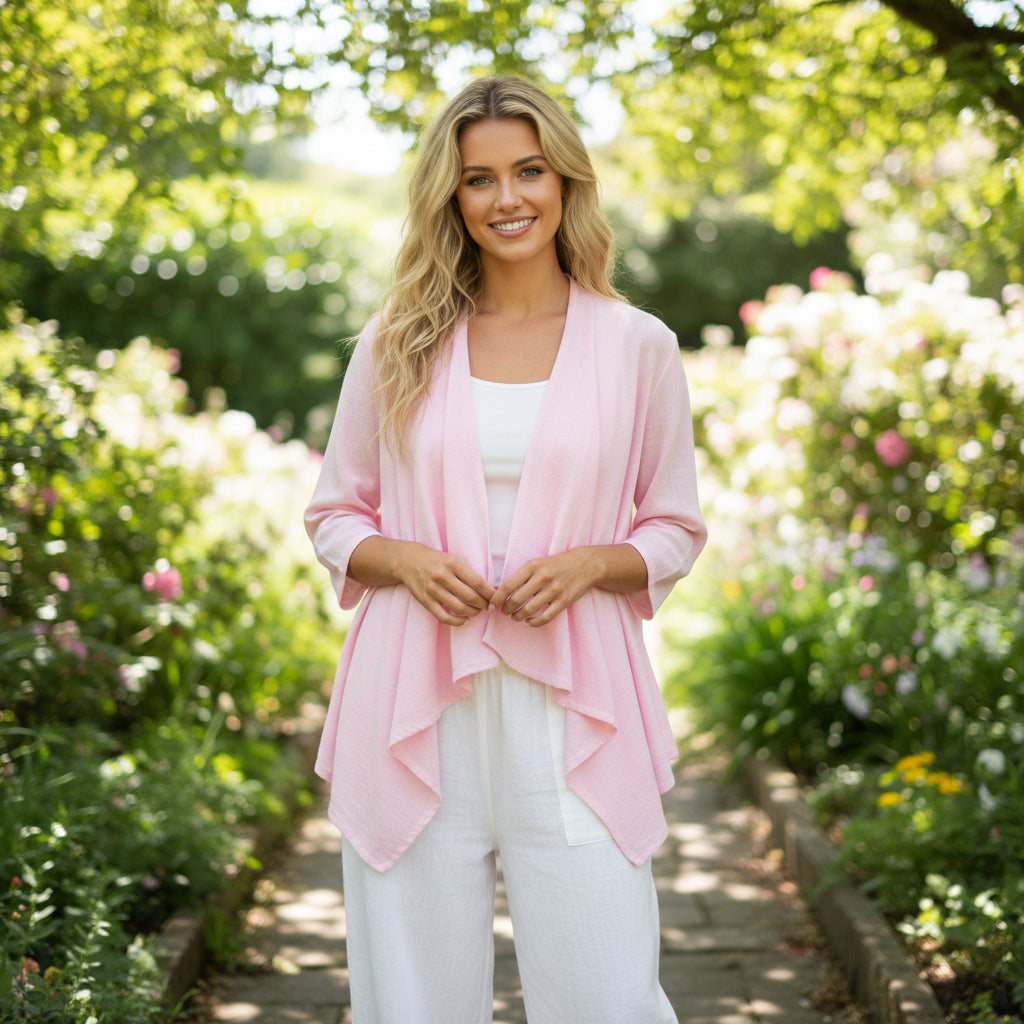 Linen Cotton Waterfall Edge To Edge Pink Jacket - Sugarplum Boutique