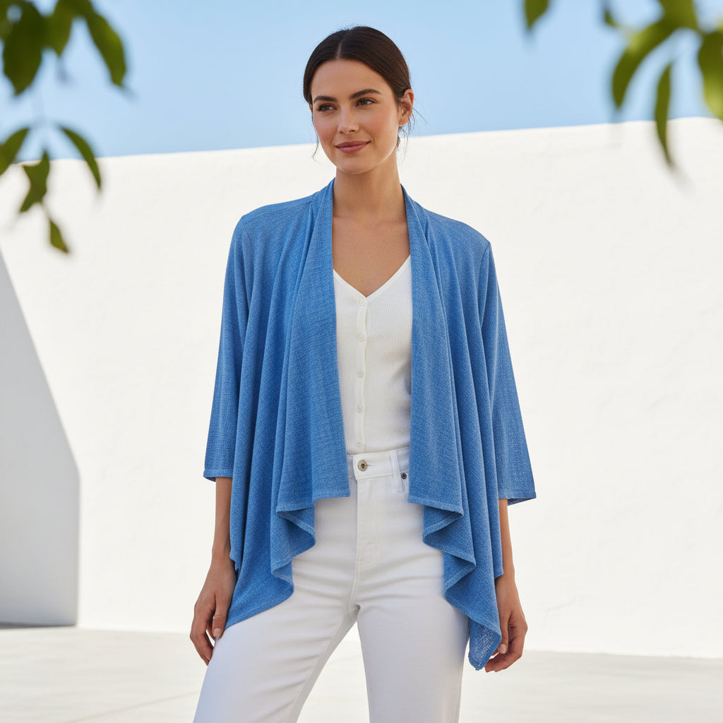 Linen Cotton Waterfall Edge To Edge Sky Blue Jacket - Sugarplum Boutique