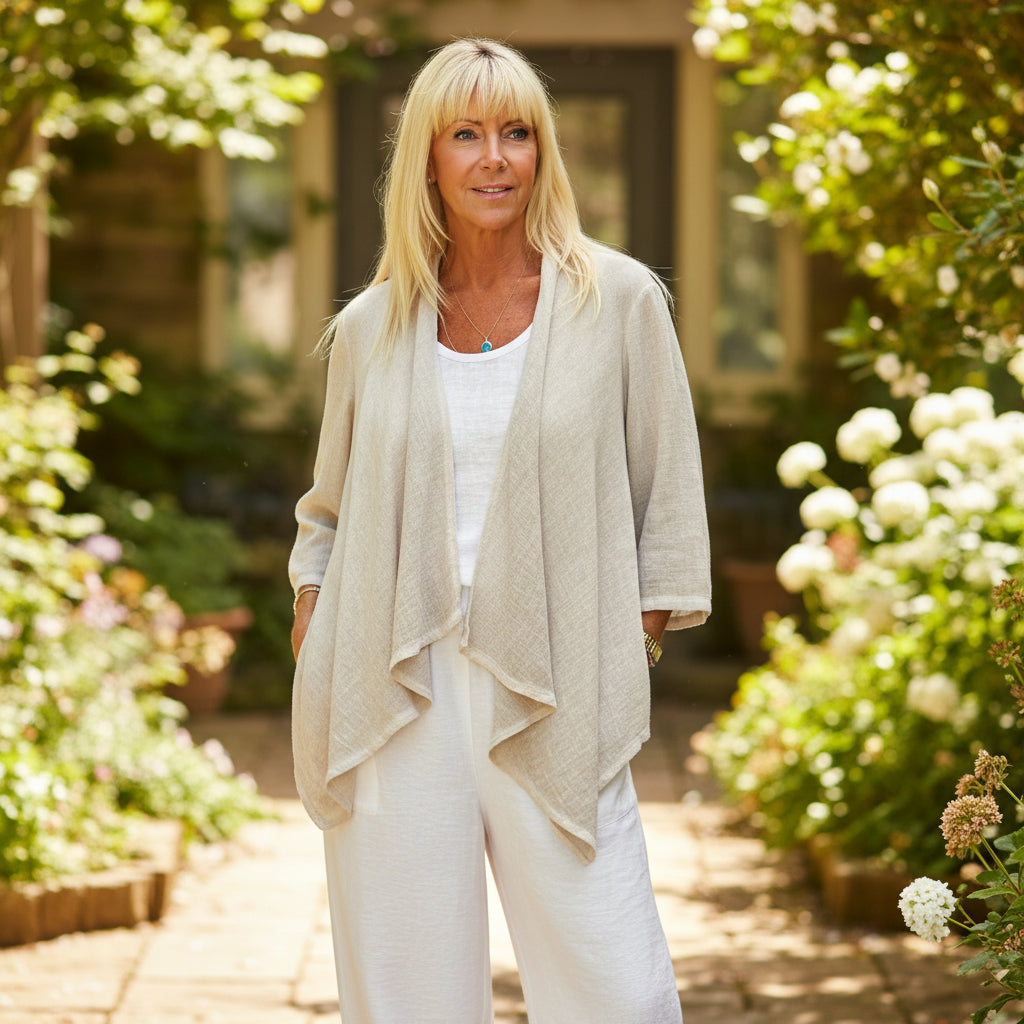 Linen Cotton Waterfall Edge To Edge Stone Jacket - Sugarplum Boutique