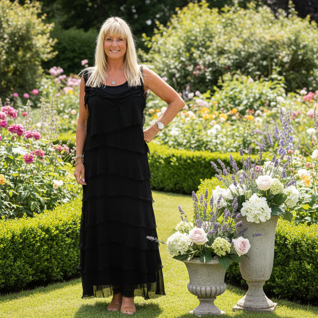Lola Black Tier Silk Blend Dress - Sugarplum Boutique