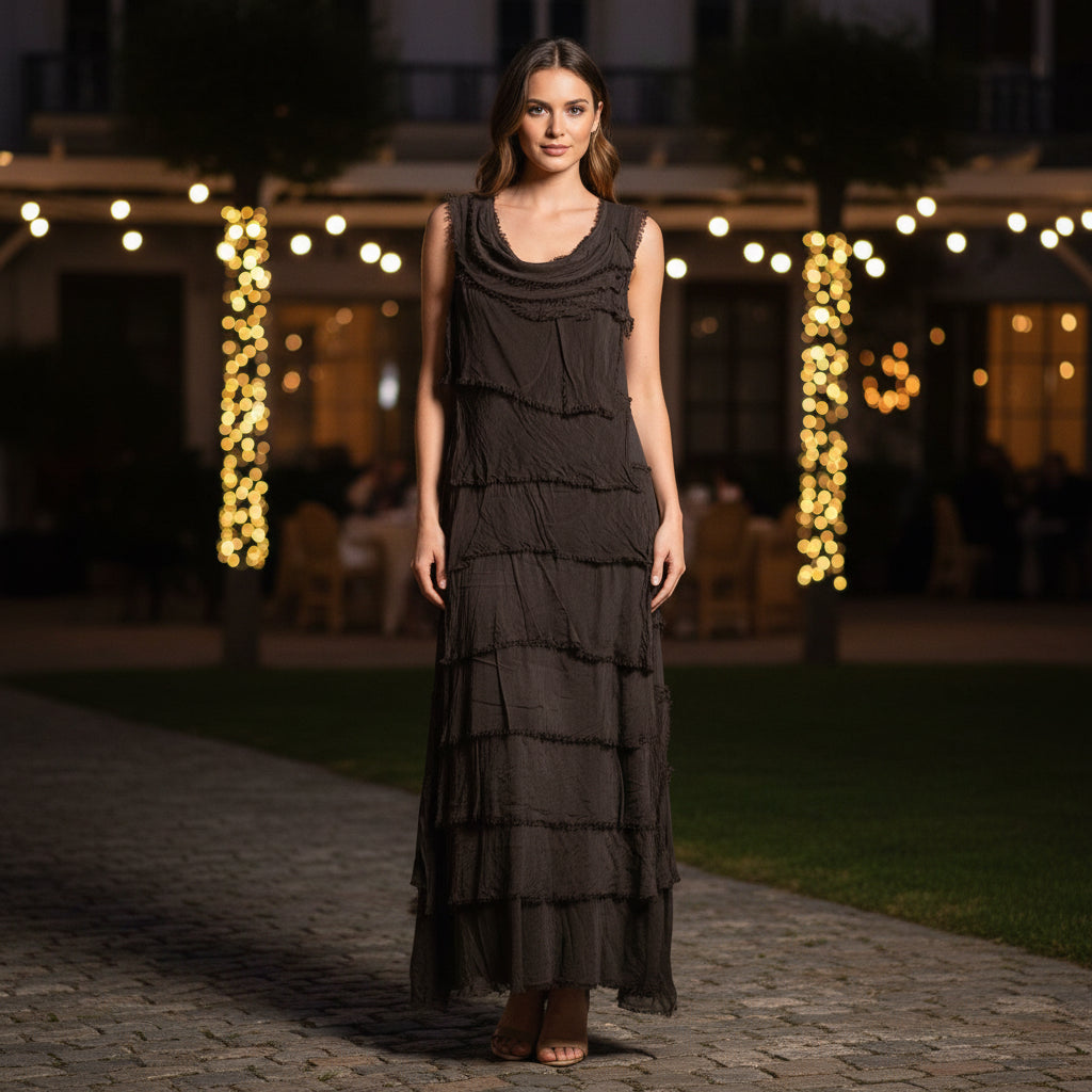 Lola Chocolate Brown Tier Silk Blend Dress - Sugarplum Boutique
