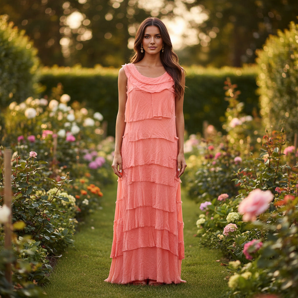 Lola Coral Tier Silk Blend Dress - Sugarplum Boutique