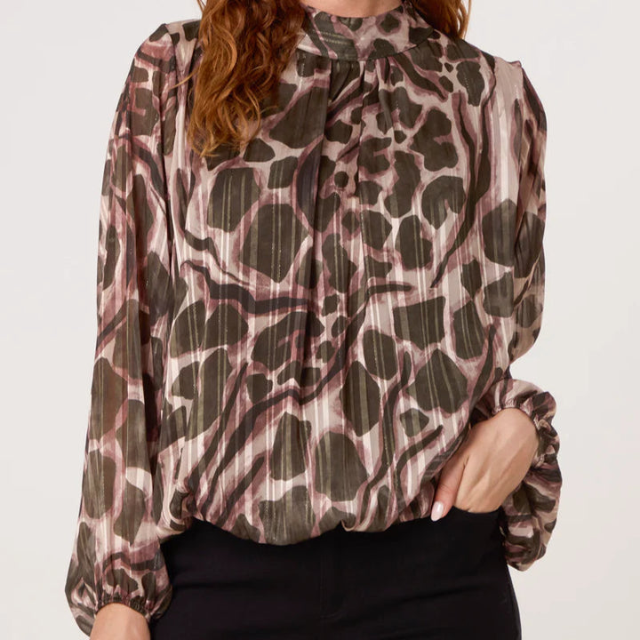Lola Lurex High Neck Blouse Khaki Green - Sugarplum Boutique